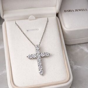 Round Diamond Cross Pendant in White Gold color